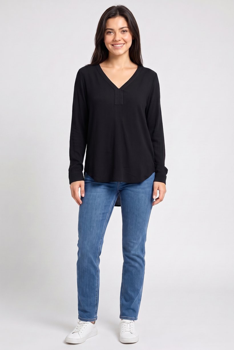 Women V-Neck Solid Long Sleeve Blouse, Black