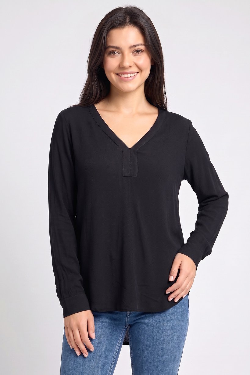 Women V-Neck Solid Long Sleeve Blouse, Black