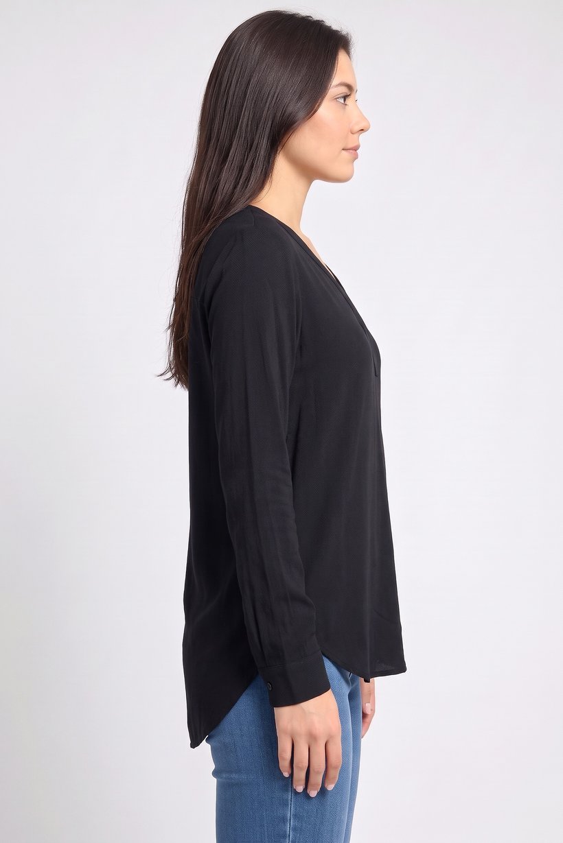 Women V-Neck Solid Long Sleeve Blouse, Black