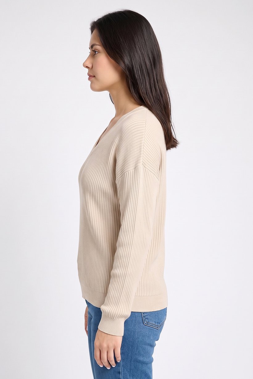 Women V-Neck Knitted Sweater, Beige