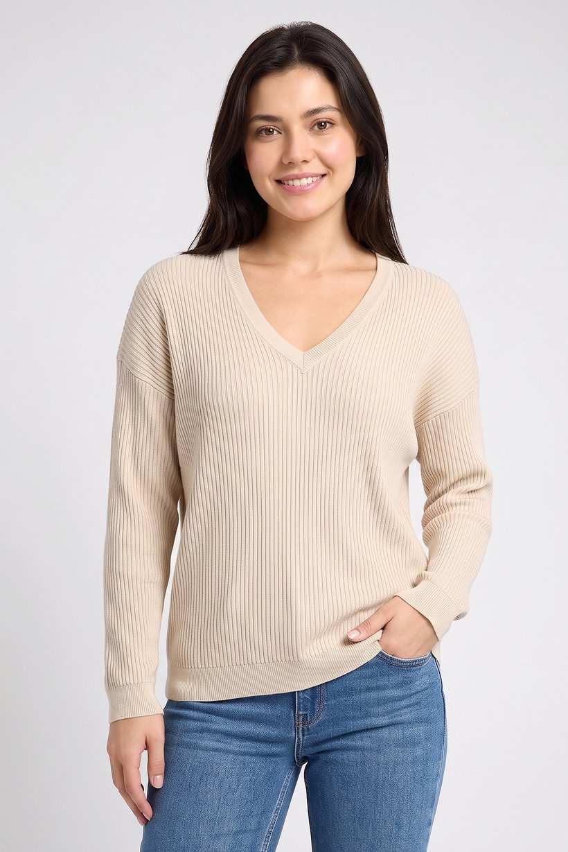 Women V-Neck Ribbed Sweater, Beige