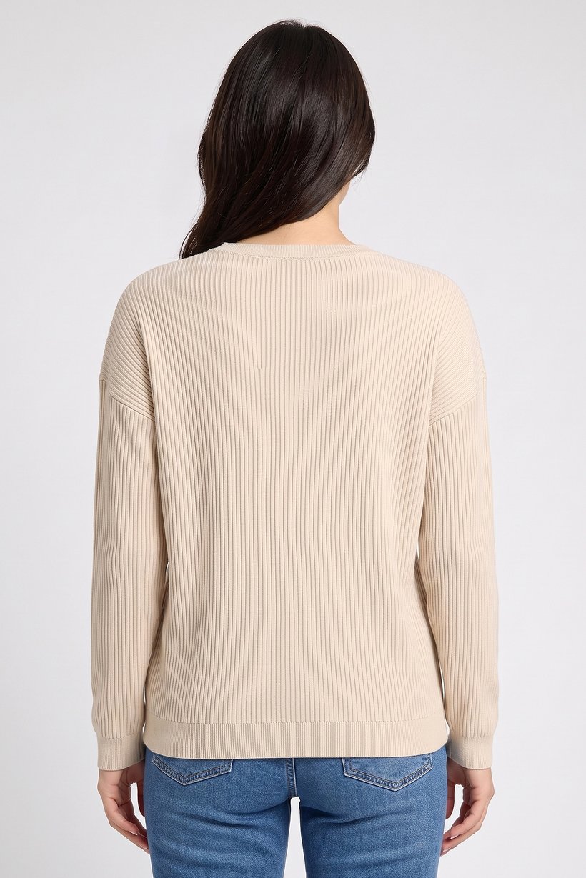 Women V-Neck Ribbed Sweater, Beige