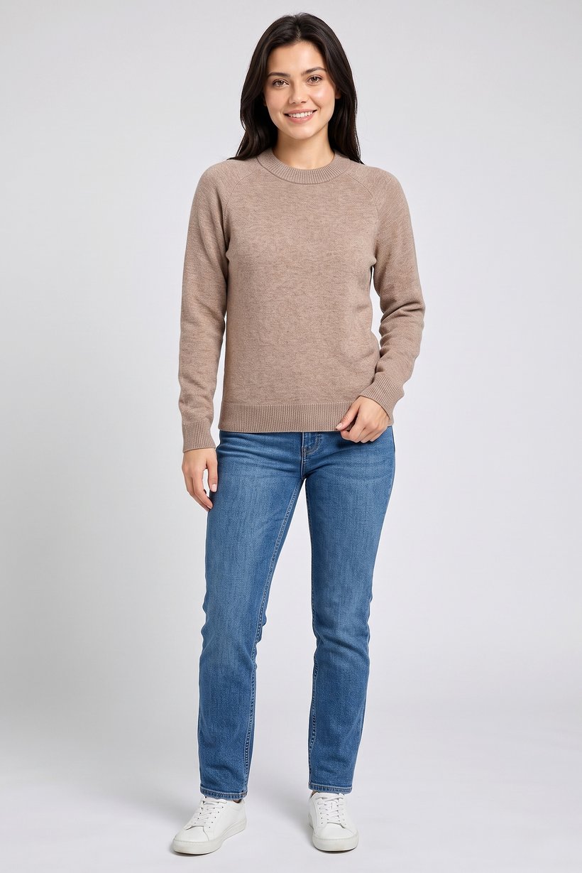 Women Crew Neck Knitted Sweater, Brown