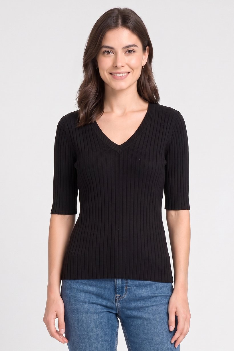 Women V-Neck Elbow Sleeve Ribbed Top, Black