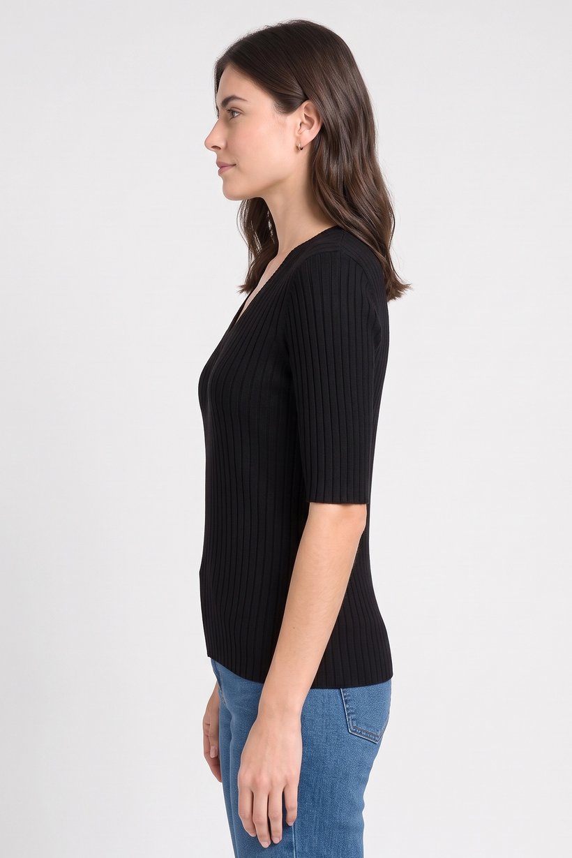 Women V-Neck Elbow Sleeve Ribbed Top, Black