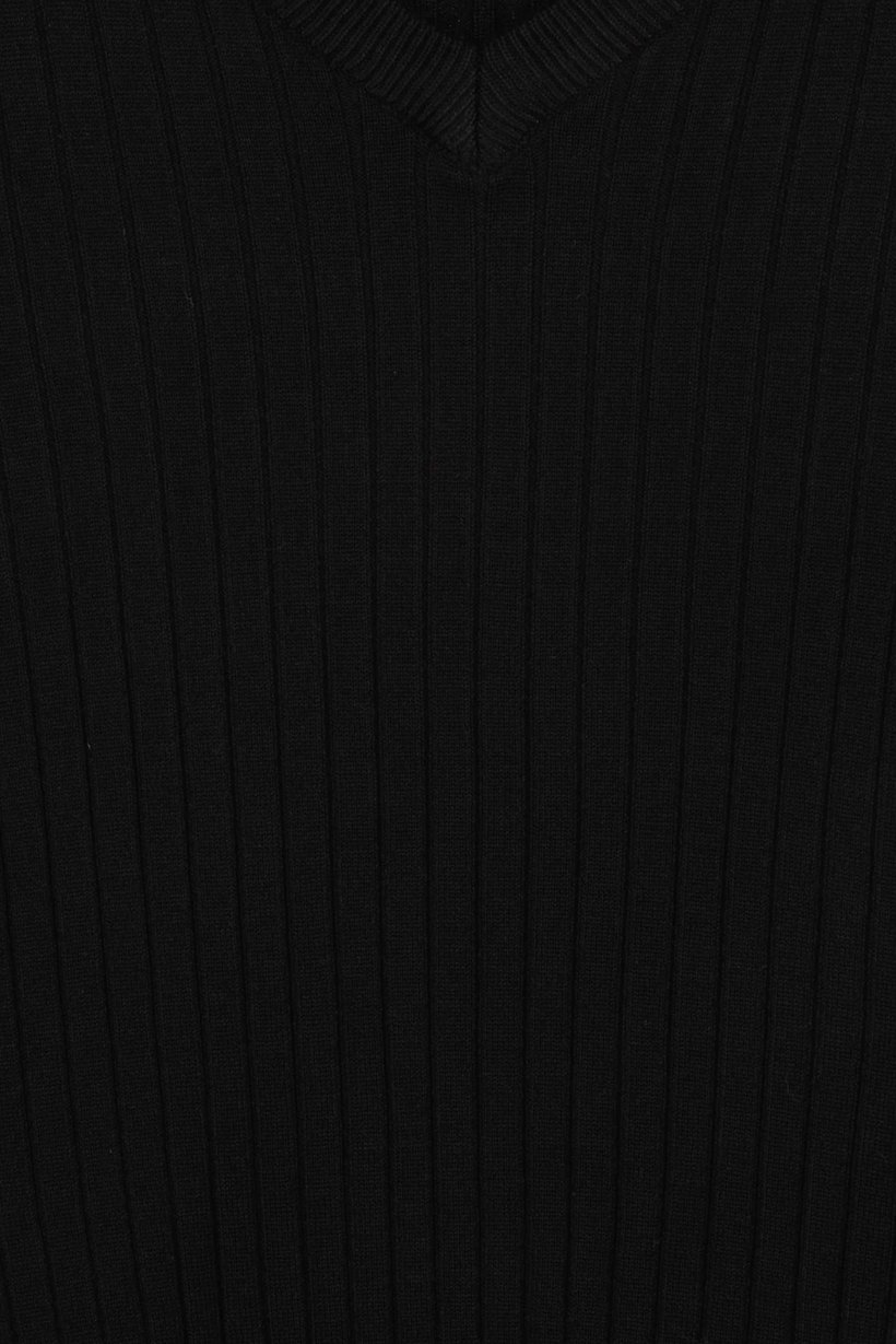 Women V-Neck Elbow Sleeve Ribbed Top, Black