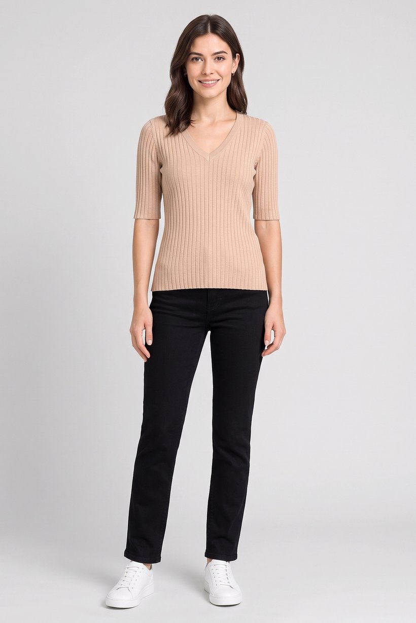Women V-Neck Elbow Sleeve Ribbed Top, Dark Beige