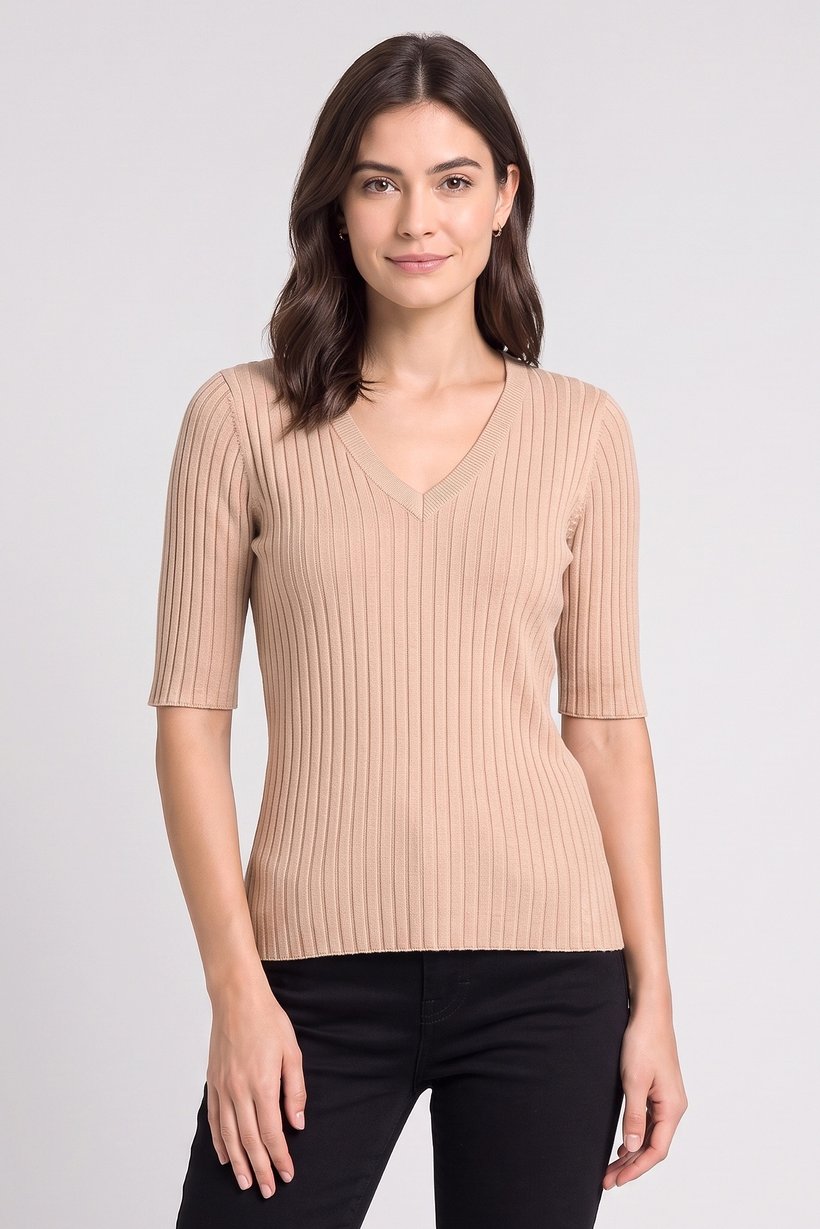 Women V-Neck Elbow Sleeve Ribbed Top, Dark Beige