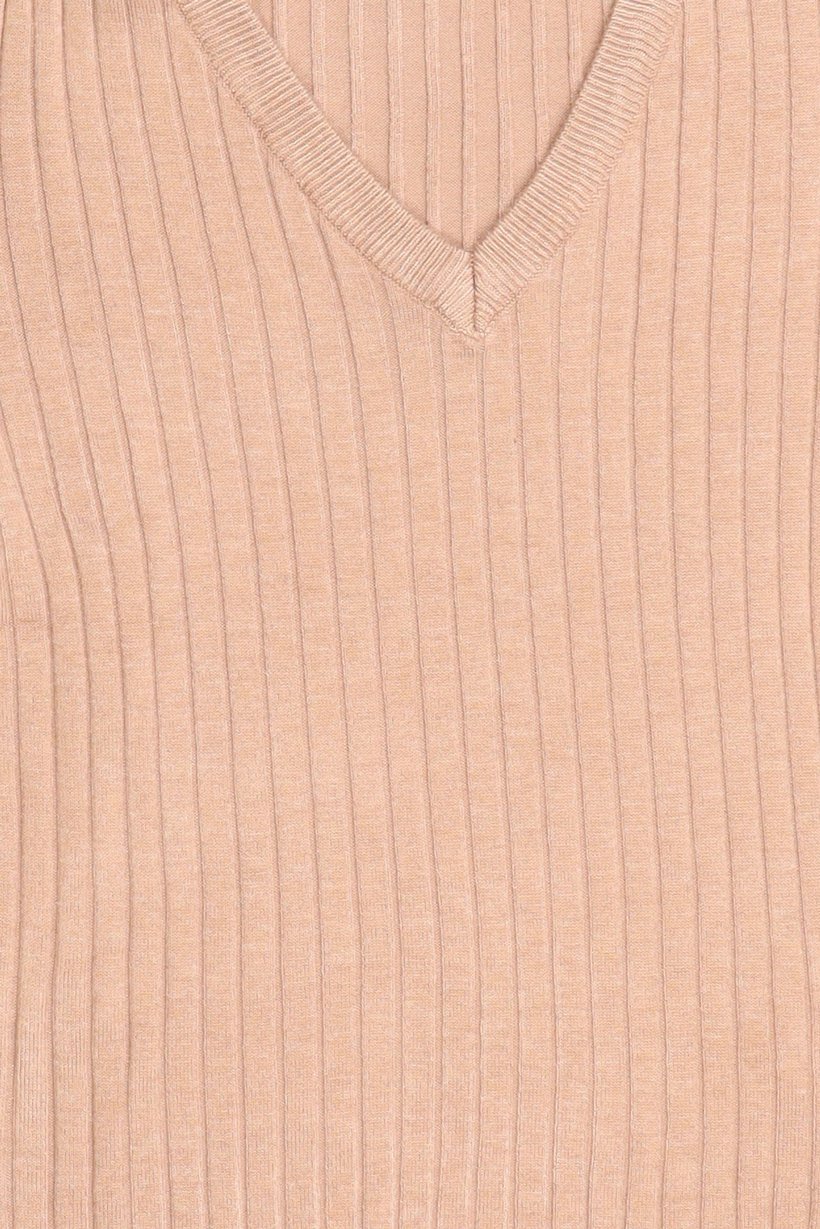 Women V-Neck Elbow Sleeve Ribbed Top, Dark Beige