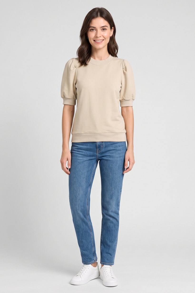 Women Crew Neck Balloon Sleeve Solid Top, Beige
