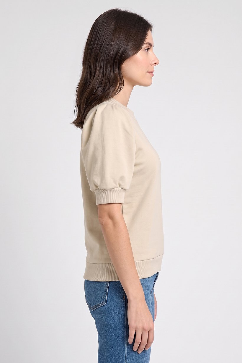 Women Crew Neck Balloon Sleeve Solid Top, Beige