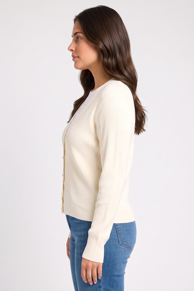 Women V-Neck Textured Cardigan, Cream