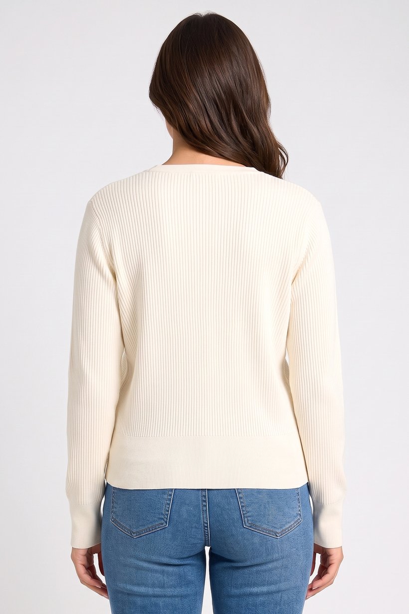 Women V-Neck Textured Cardigan, Cream