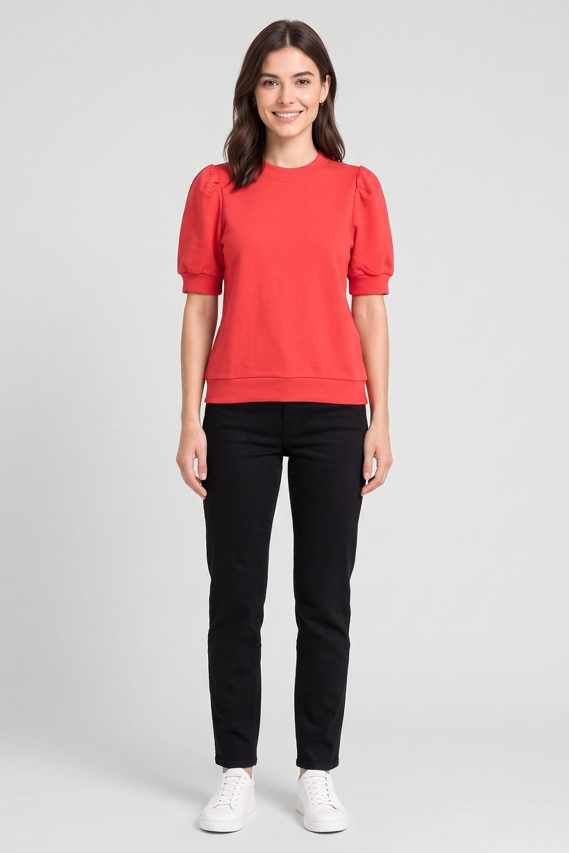 Women Crew Neck Balloon Sleeve Solid Top, Red