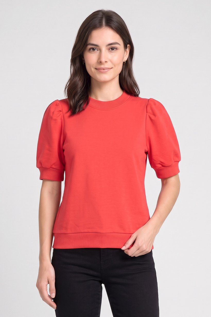 Women Crew Neck Balloon Sleeve Solid Top, Red
