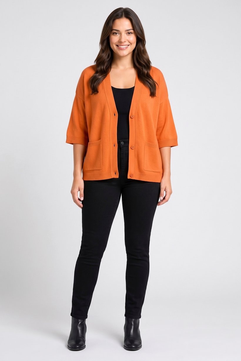 Women V-Neck Textured Cardigan, Orange