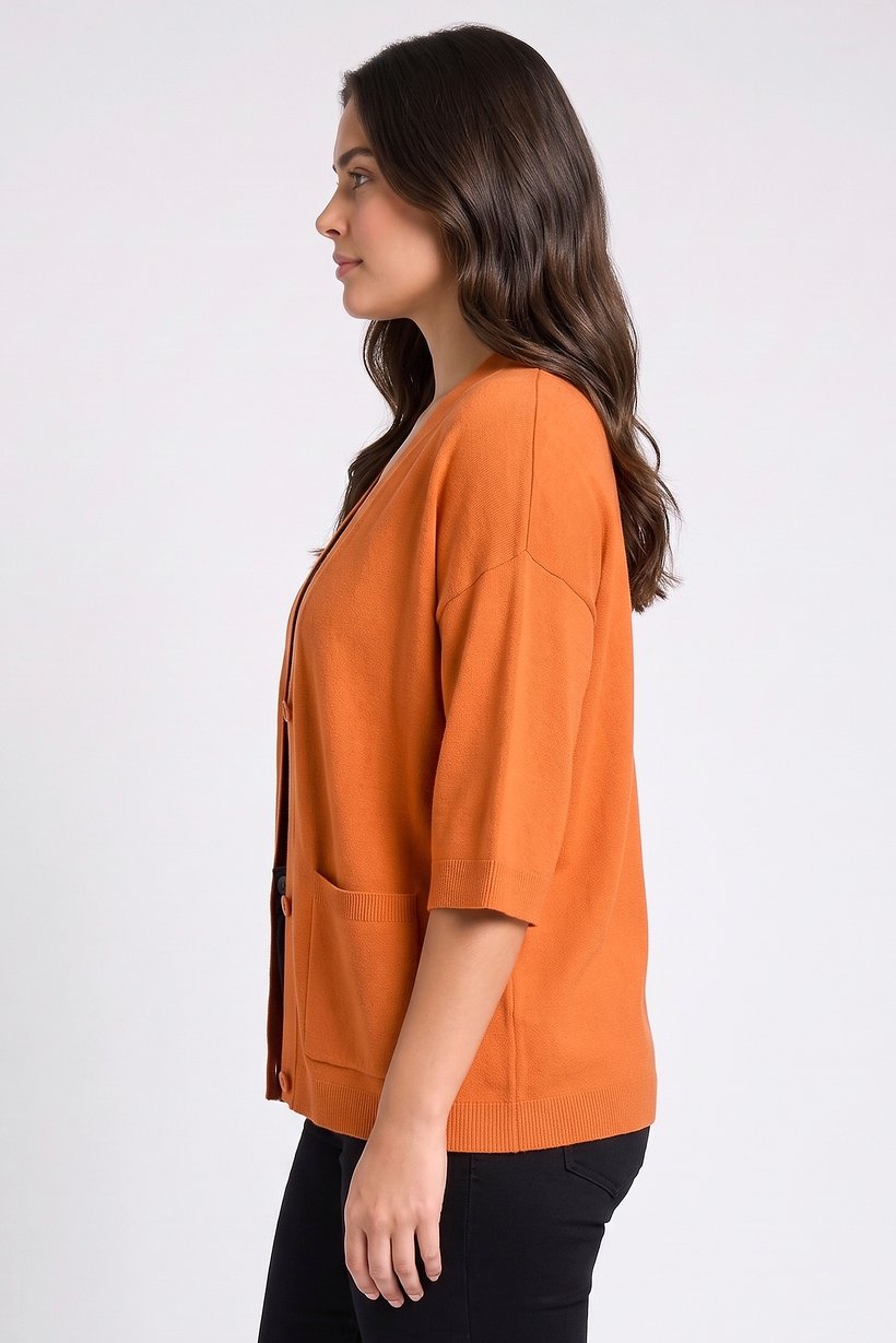 Women V-Neck Textured Cardigan, Orange
