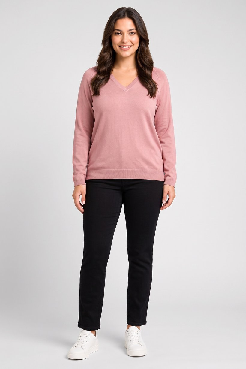 Women V-Neck Plain Knitted Sweater, Old Rose
