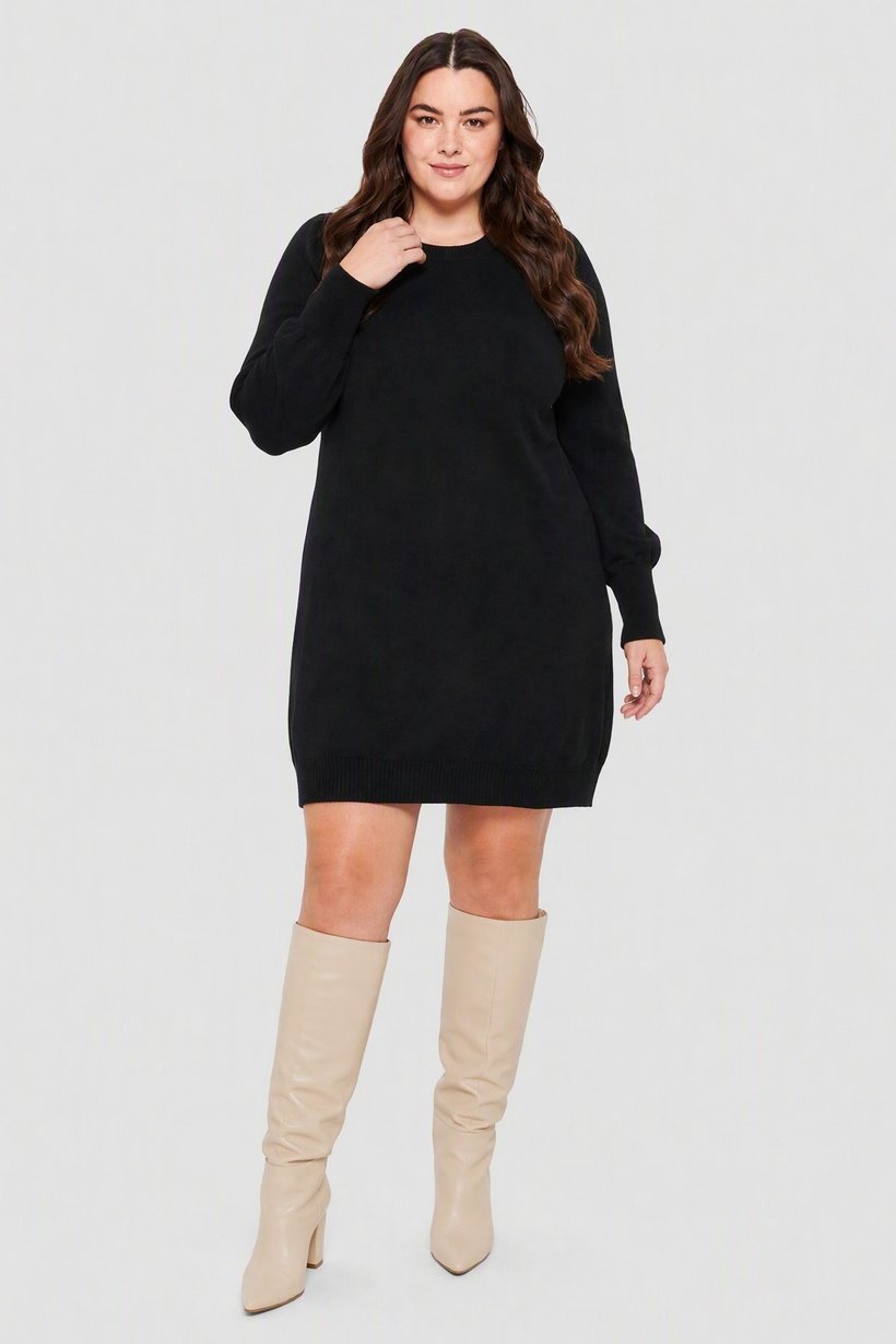 Women Knitted Long Sleeve Sweater Dress, Black