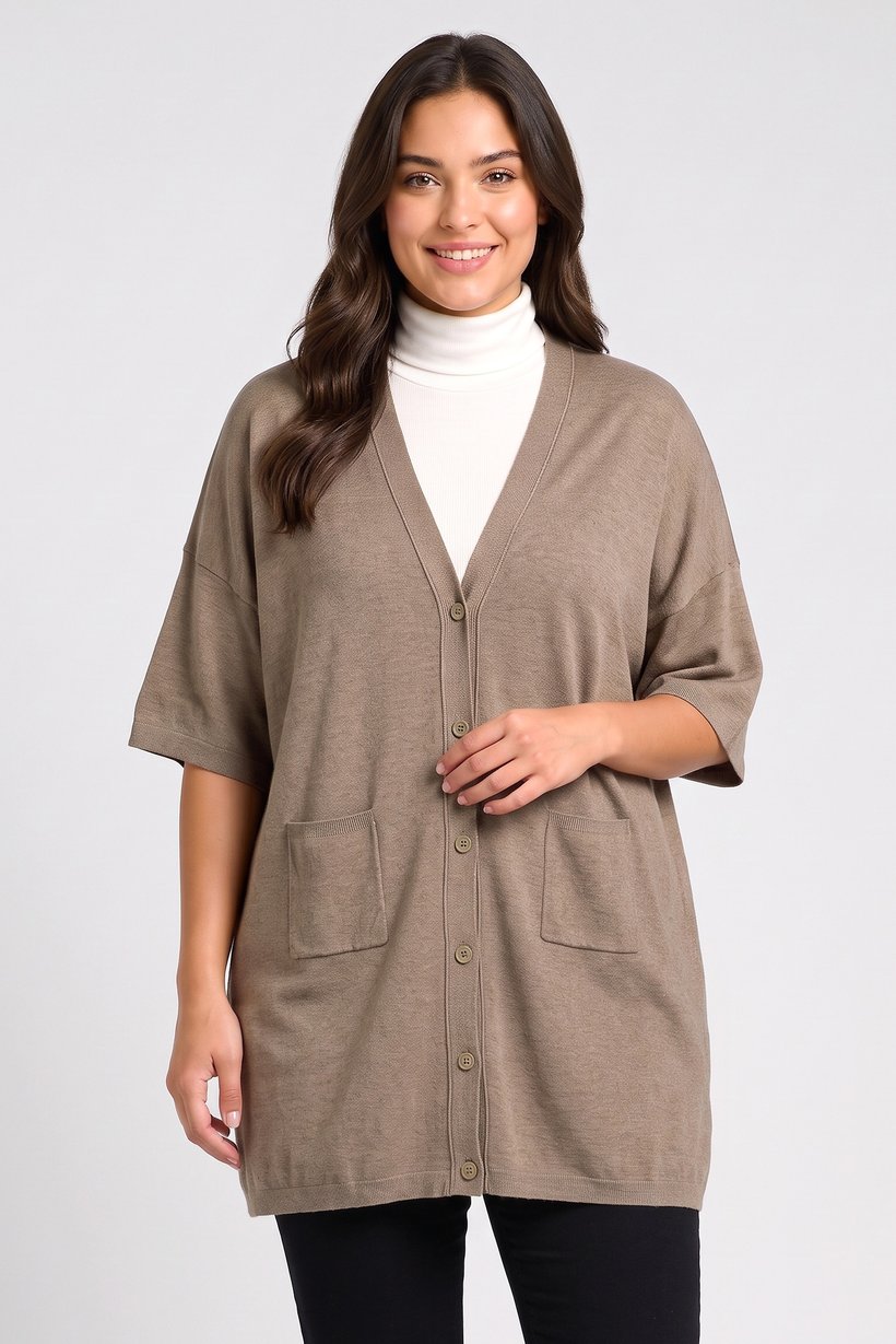 Women Curved Fit Knitted Short Sleeve Cardigan, Brown