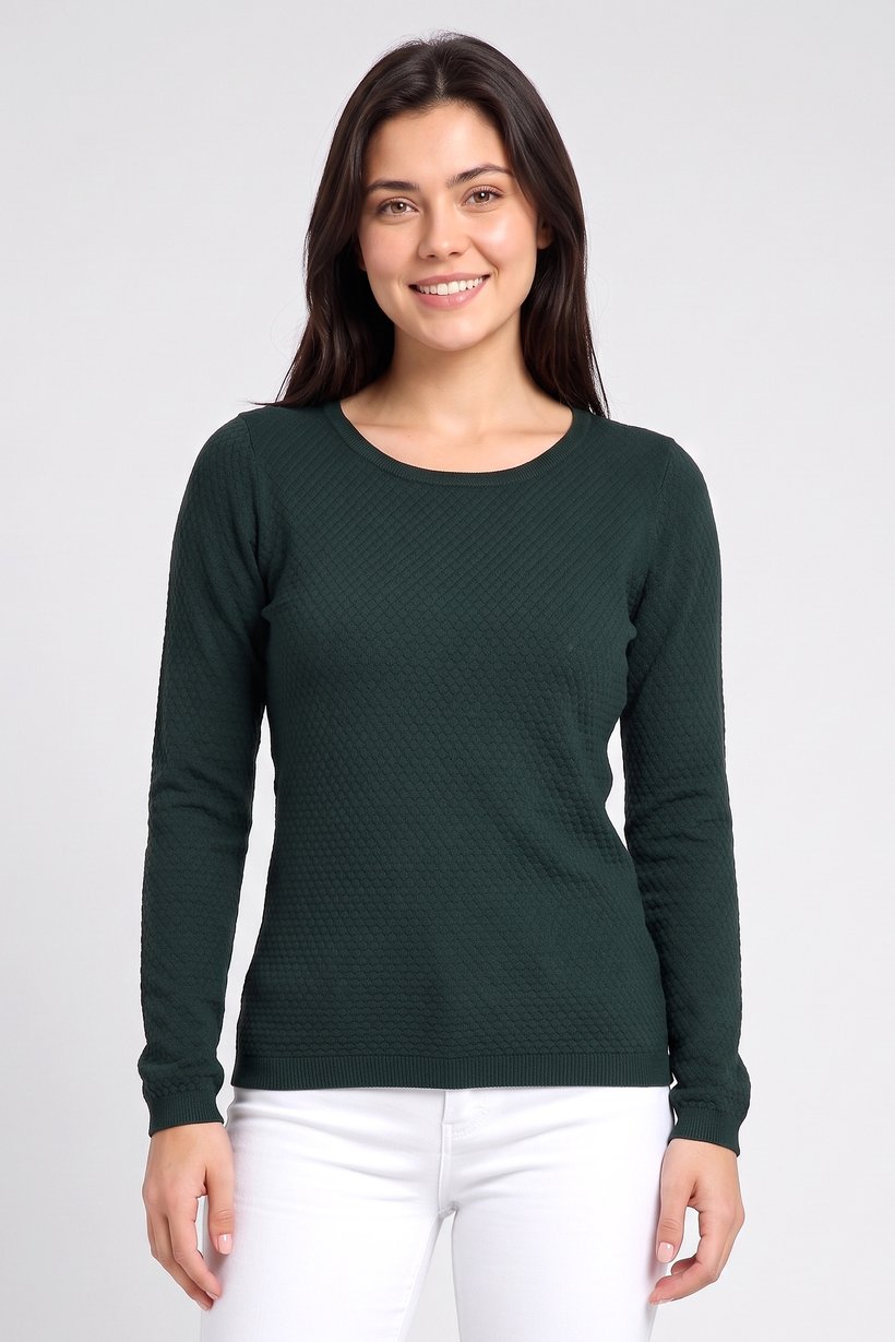 Women Round Neck Textured Sweater, Dark Green