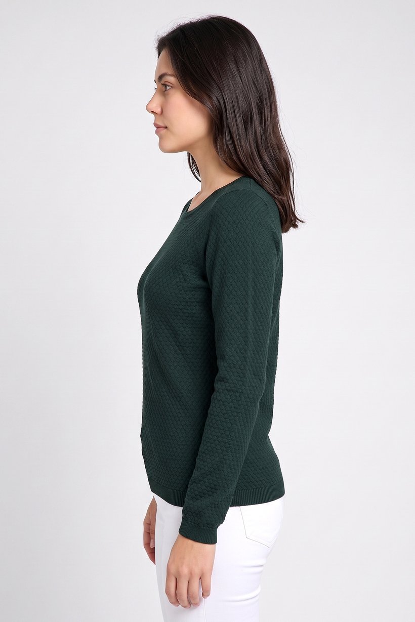 Women Round Neck Textured Sweater, Dark Green