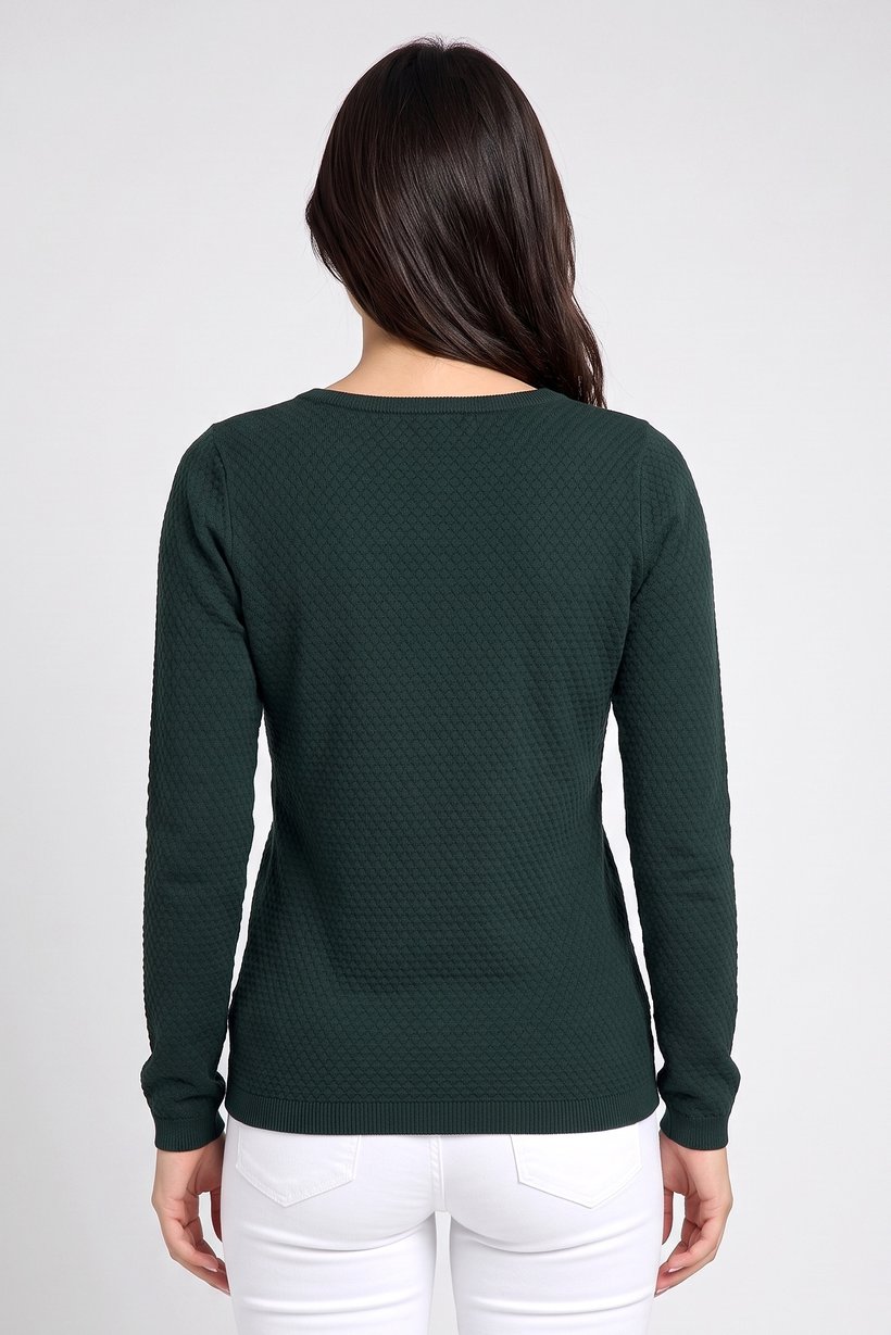 Women Round Neck Textured Sweater, Dark Green