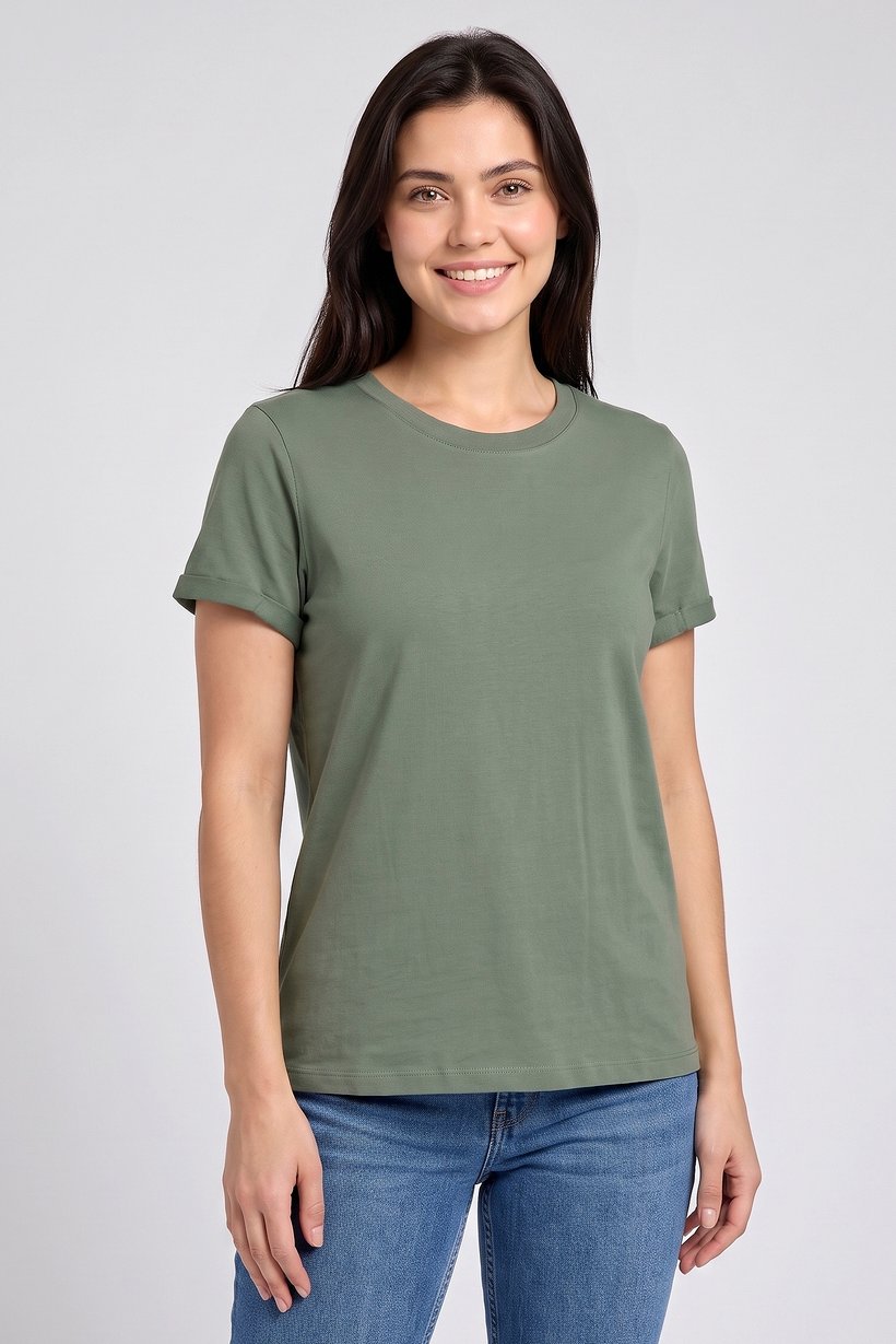 Women Crew Neck Short Sleeve Plain T-Shirt, Olive