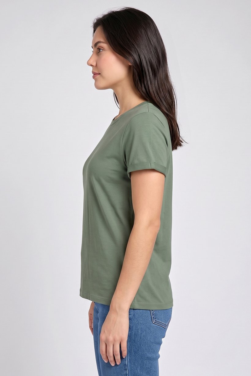 Women Crew Neck Short Sleeve Plain T-Shirt, Olive