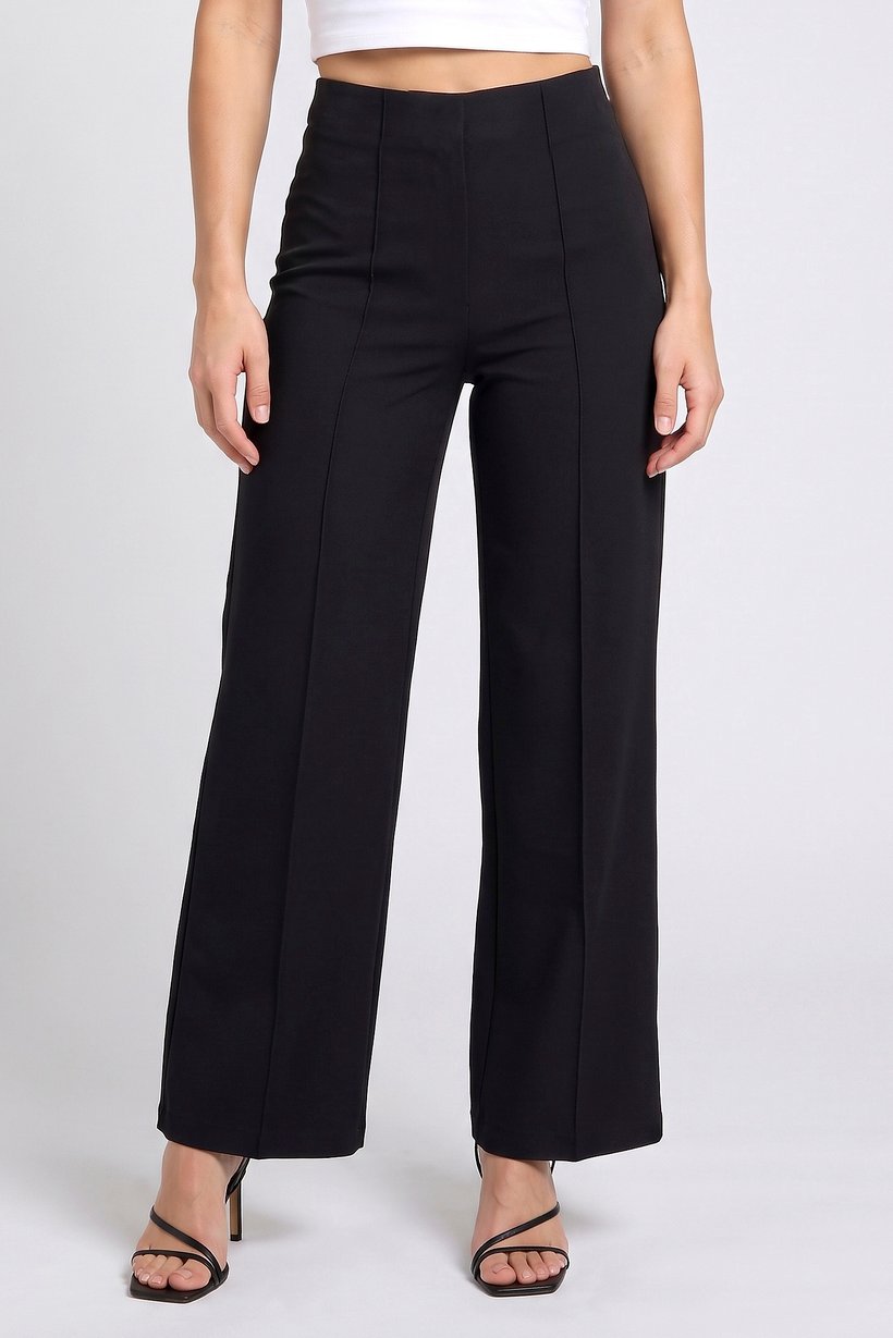 Women Regular Fit Solid Wide Leg Pants, Black