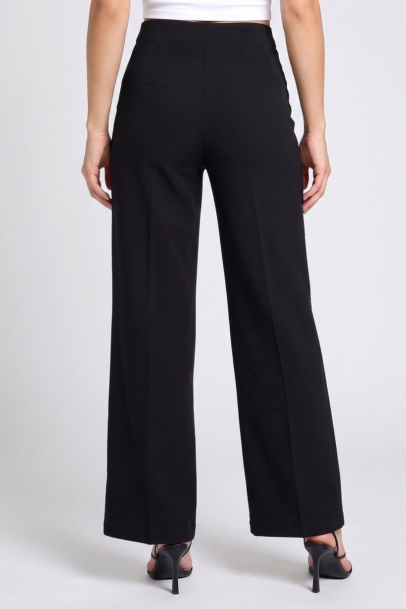 Women Regular Fit Solid Wide Leg Pants, Black