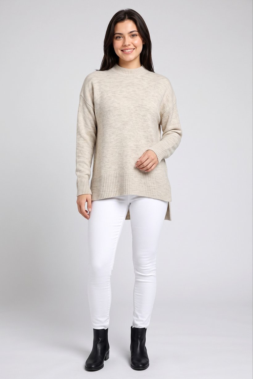 Women Crew Neck Knitted Sweater, Beige