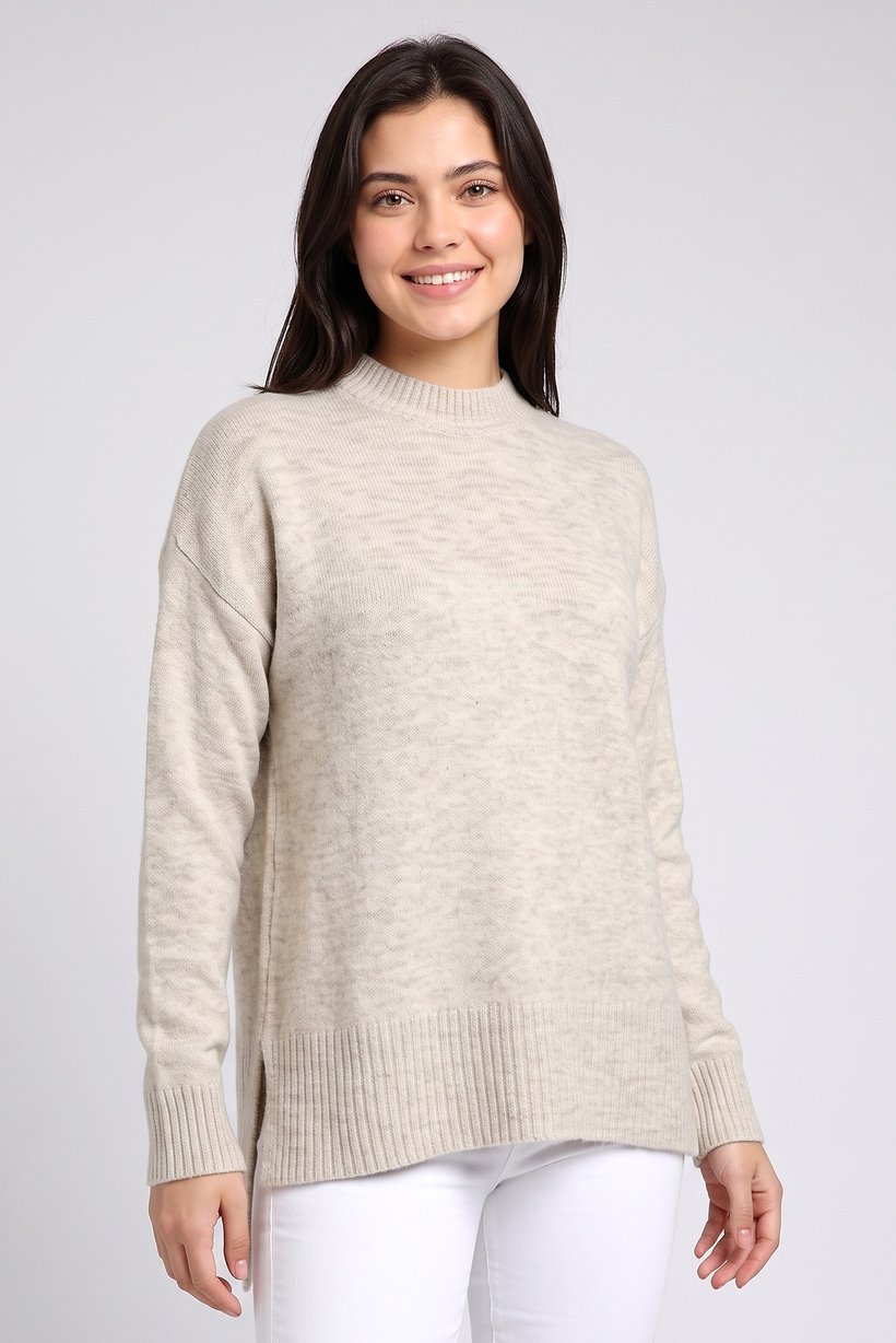 Women Crew Neck Knitted Sweater, Beige
