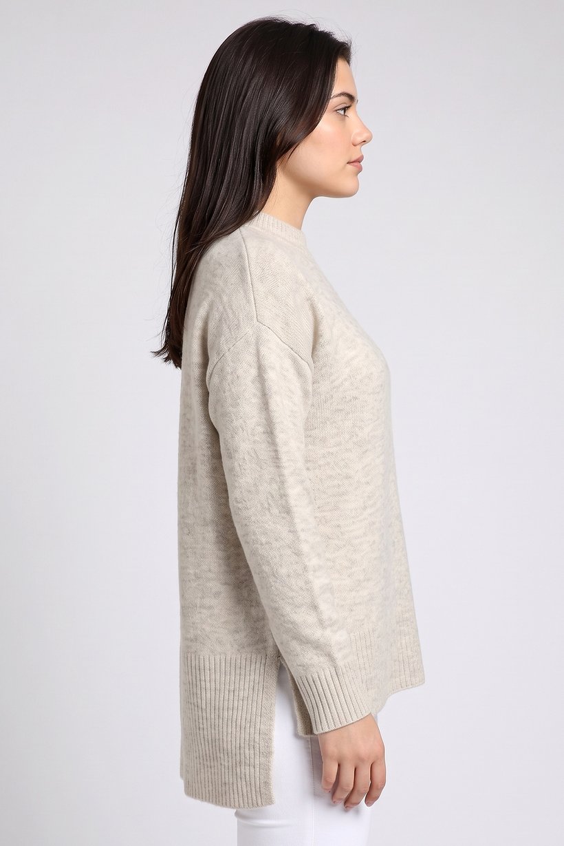 Women Crew Neck Knitted Sweater, Beige