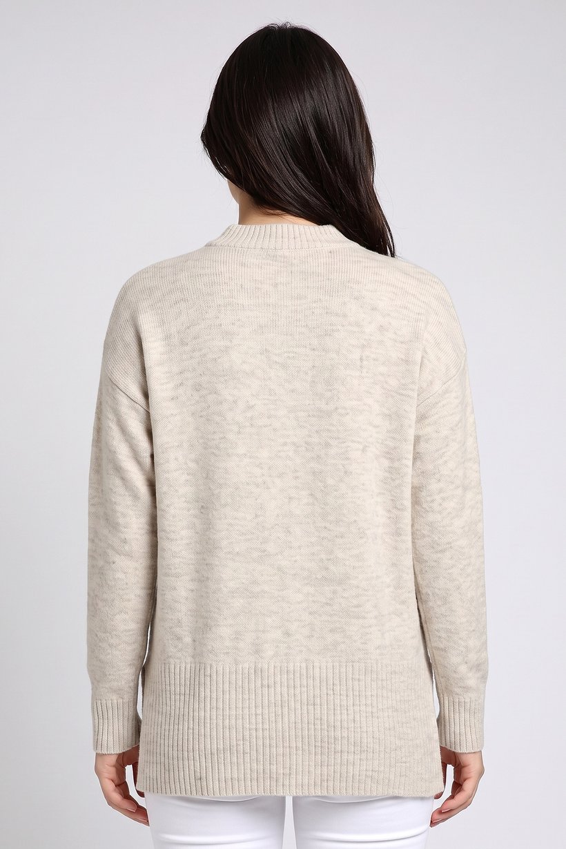 Women Crew Neck Knitted Sweater, Beige