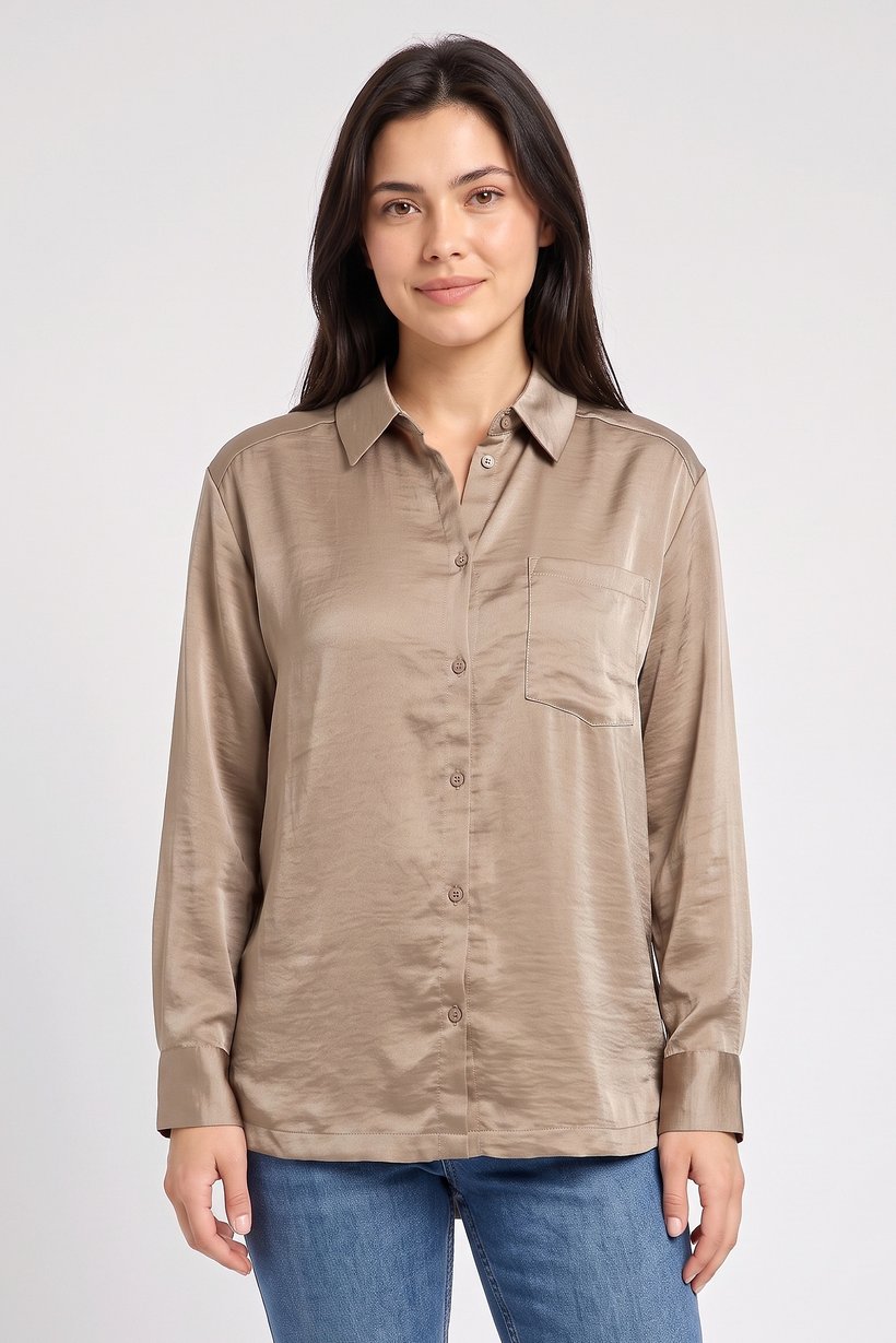 Women Spread Collar Plain Long Sleeve Shirt, Taupe