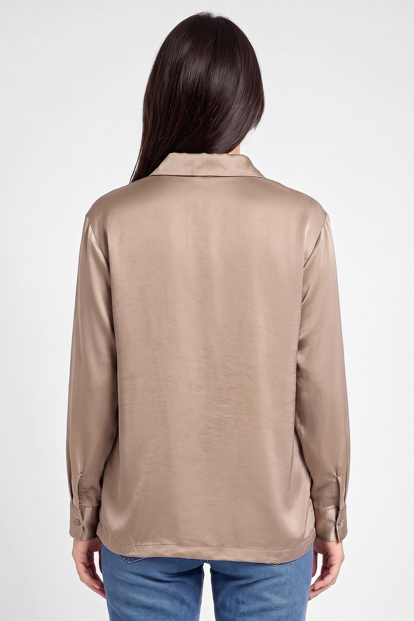 Women Spread Collar Plain Long Sleeve Shirt, Taupe