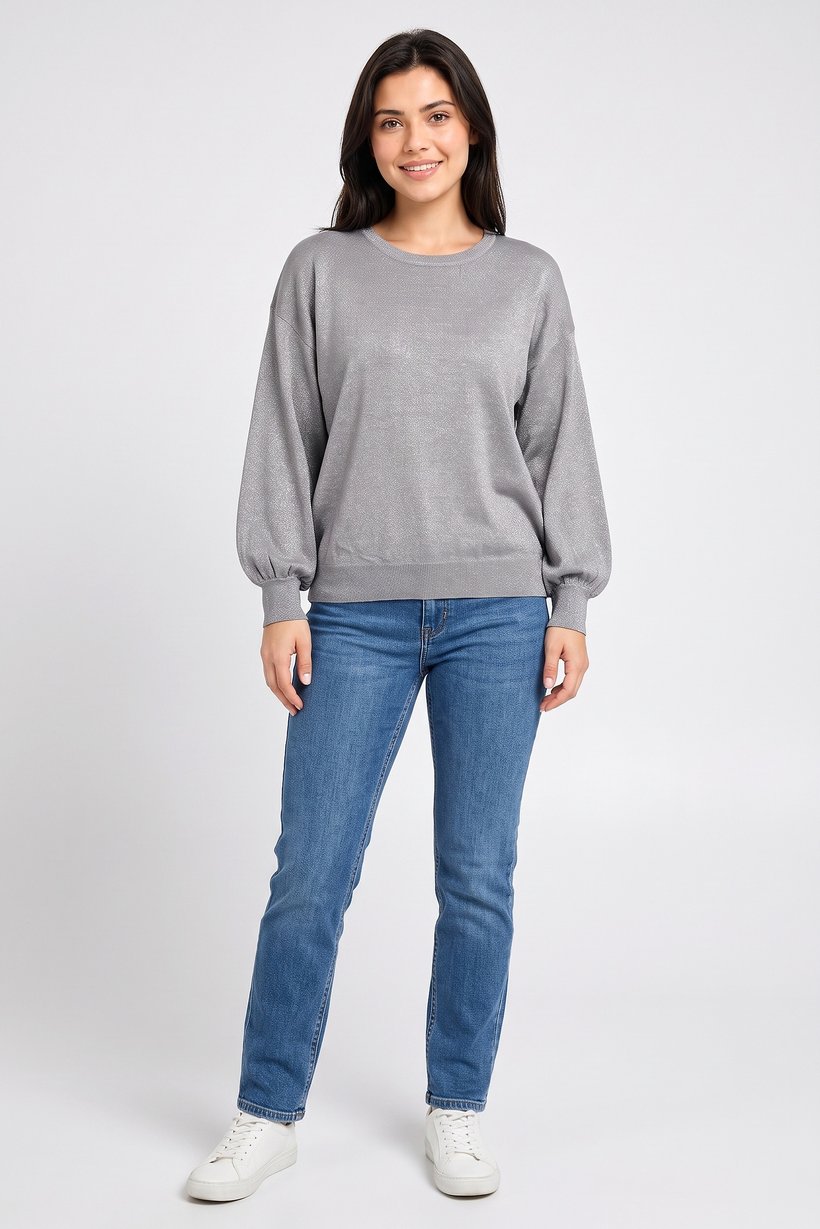 Women Round Neck Metallic Sweater, Grey