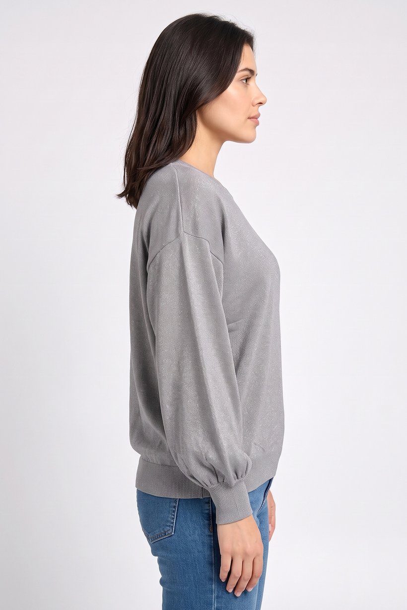 Women Round Neck Metallic Sweater, Grey