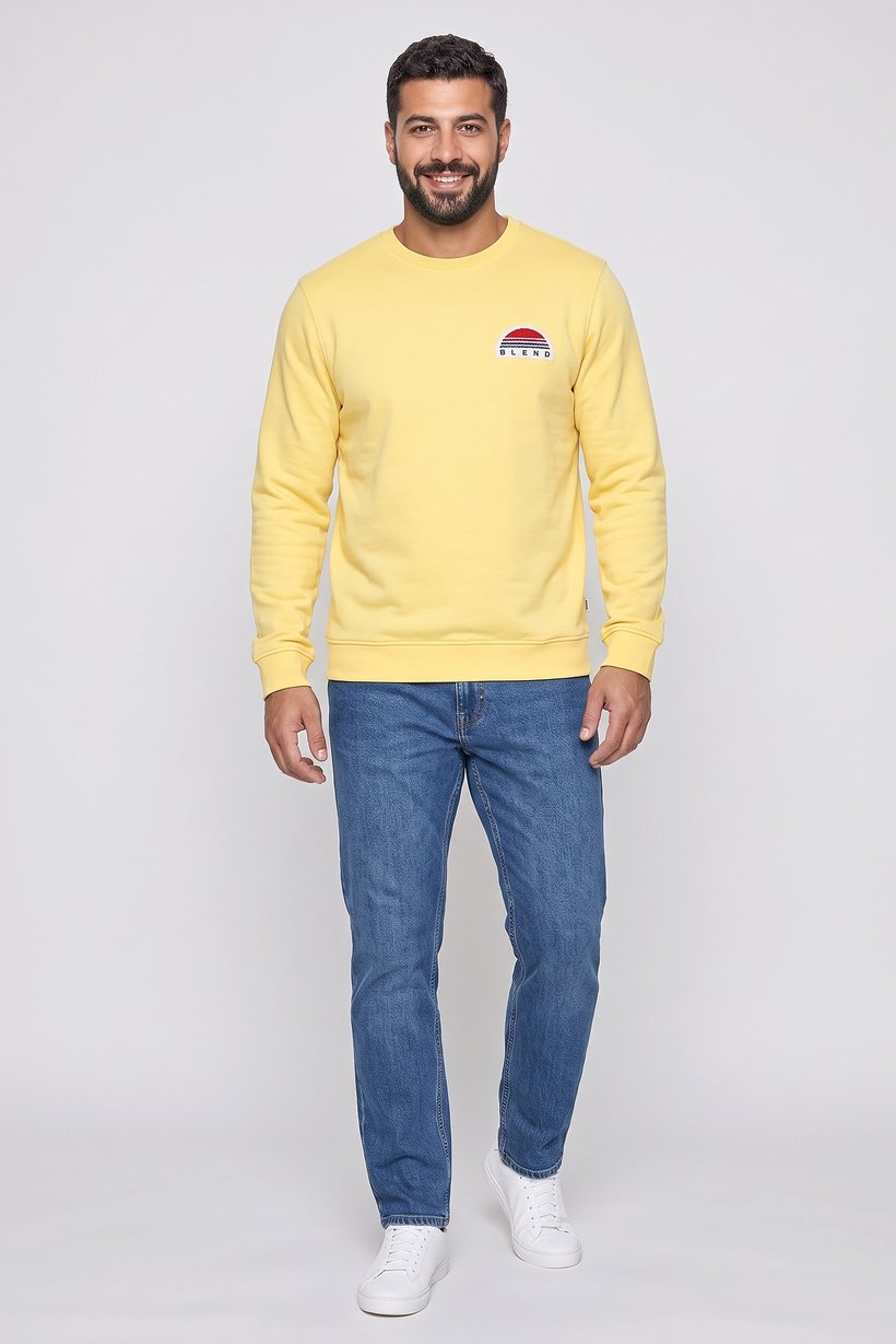 Men Crew Neck Long Sleeve Embroidered Logo Sweatshirt, Yellow