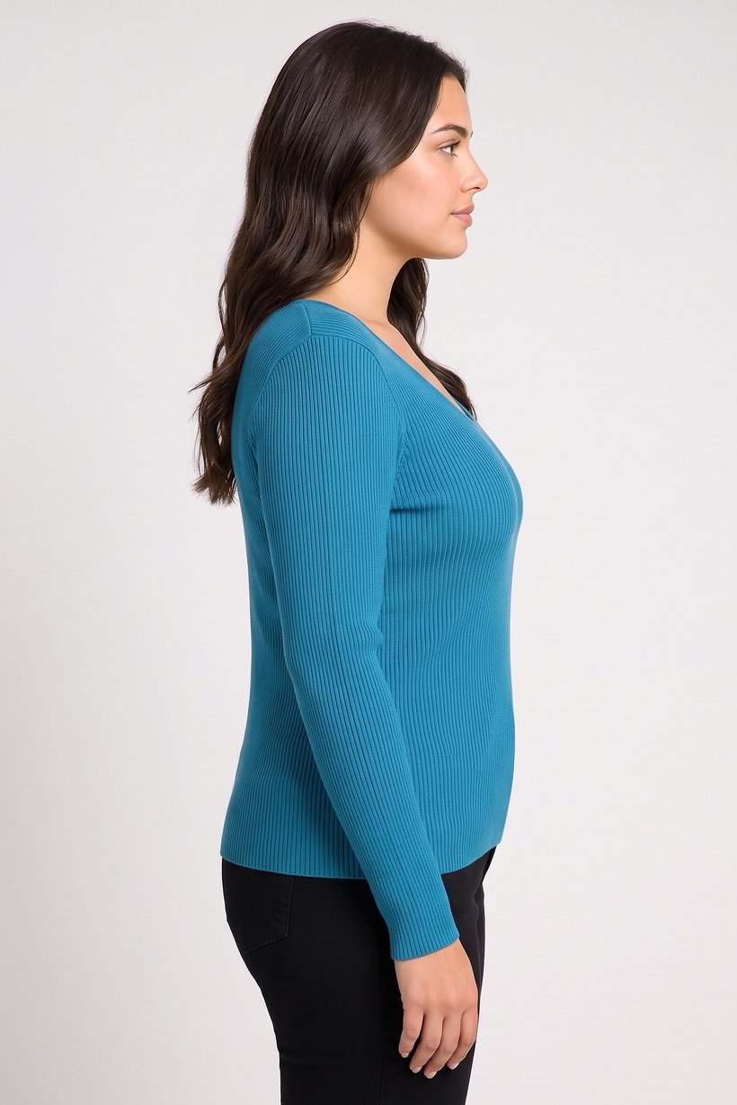 Women Round Neck Textured Sweater, Teal Blue