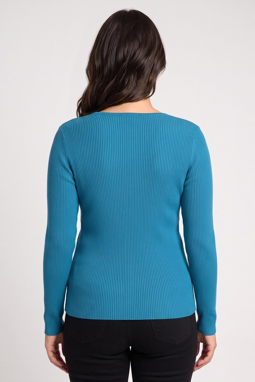 Women Round Neck Textured Sweater, Teal Blue