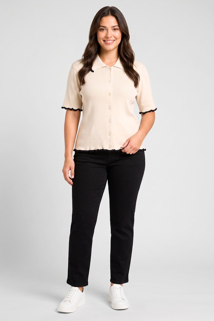 Women Spread Collar Textured Short Sleeve Cardigan, Beige