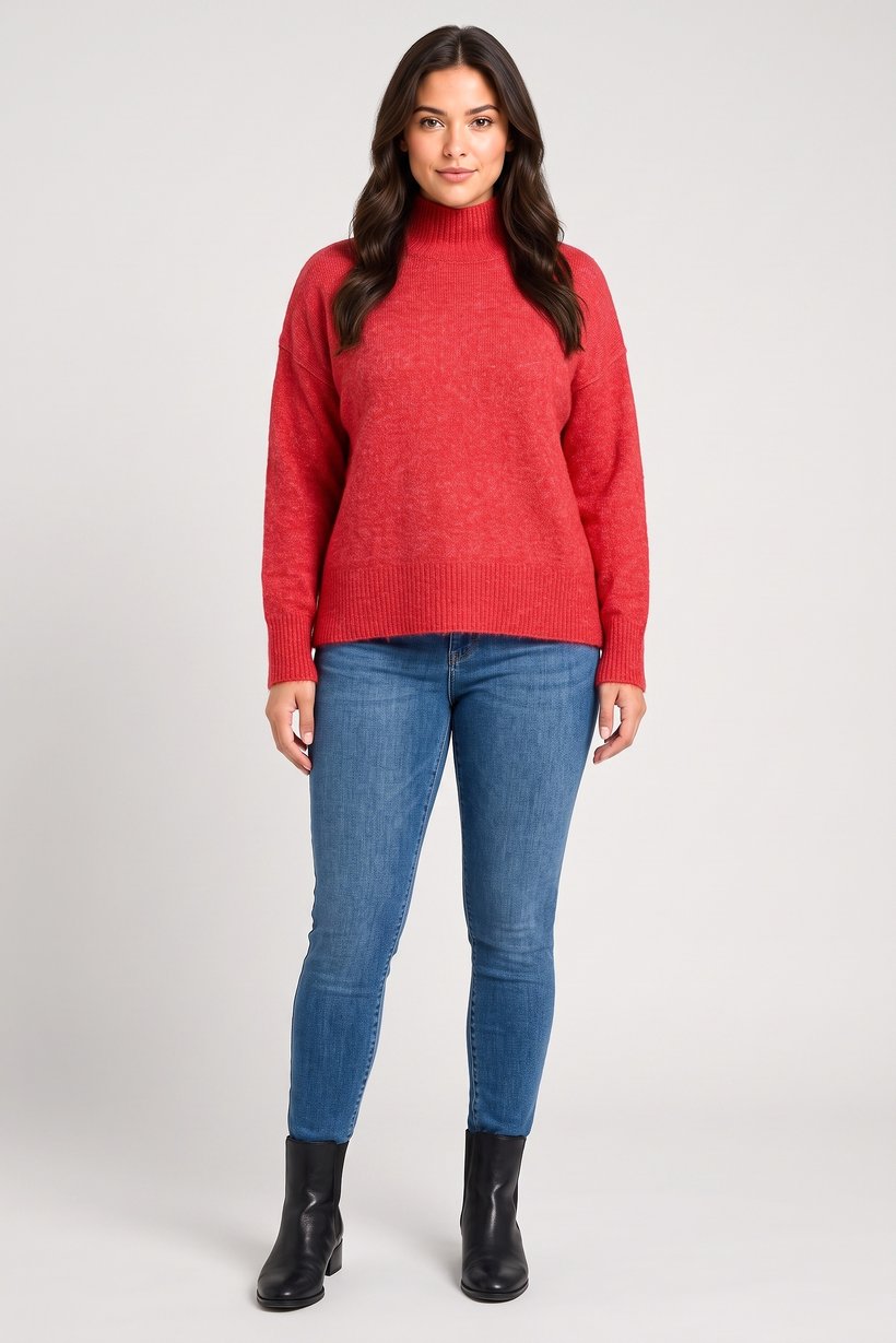 Women Turtle Neck Knitted Sweater, Red