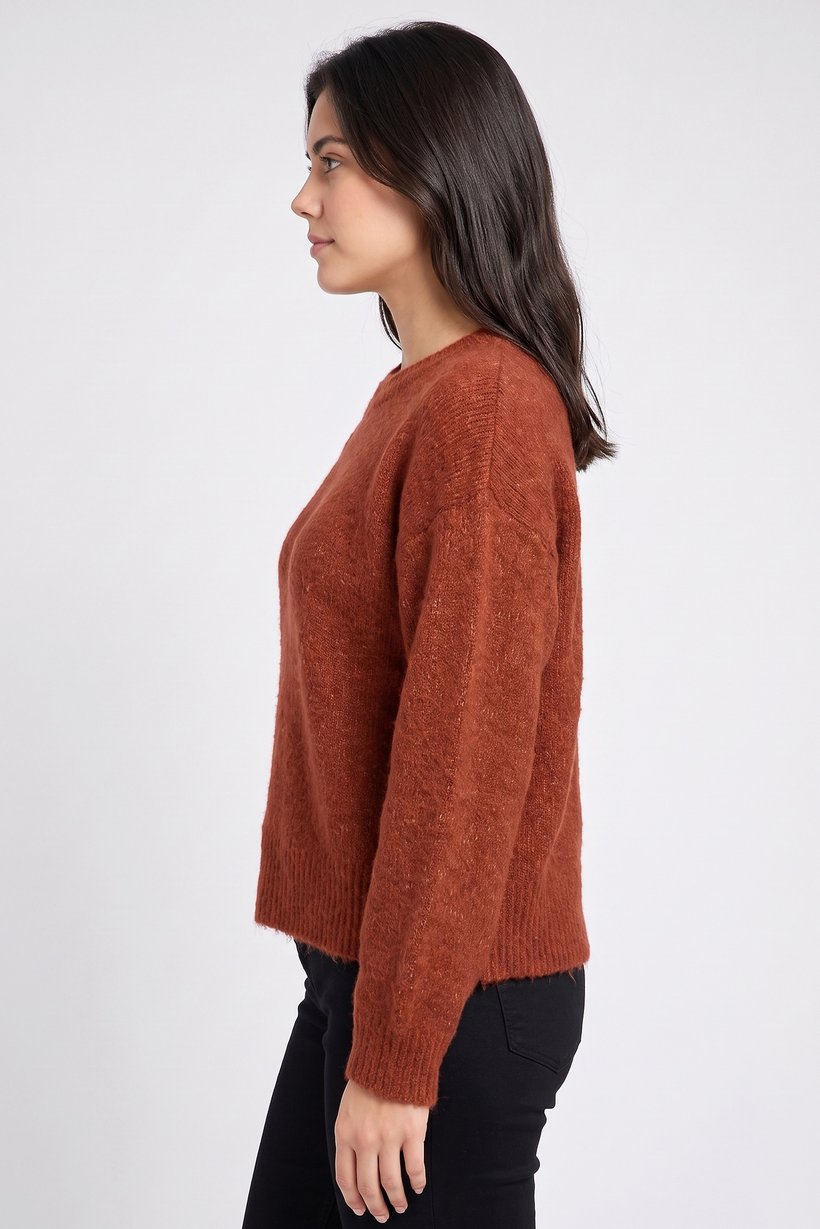Women Crew Neck Textured Knit Sweater, Rust