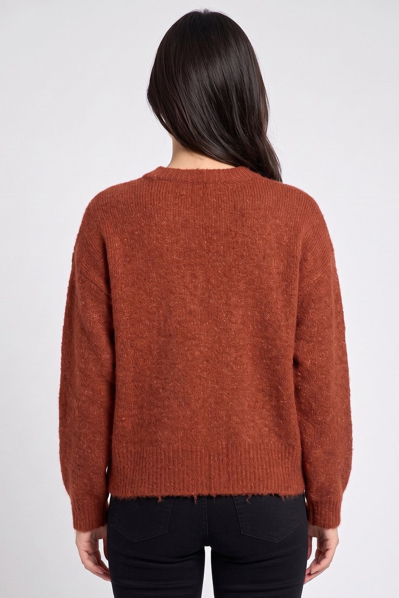 Women Crew Neck Textured Knit Sweater, Rust