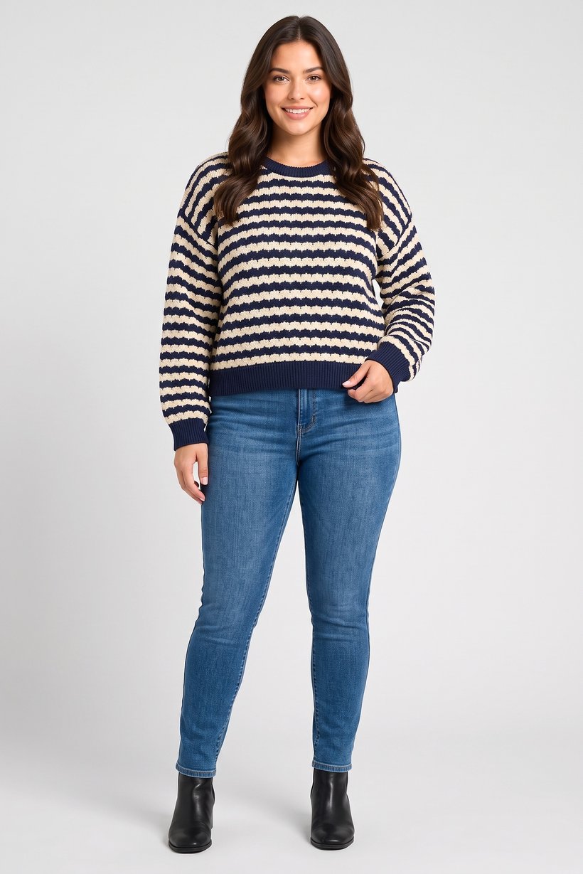 Women Crew Neck Yarn Dye Sweater, Multicolor