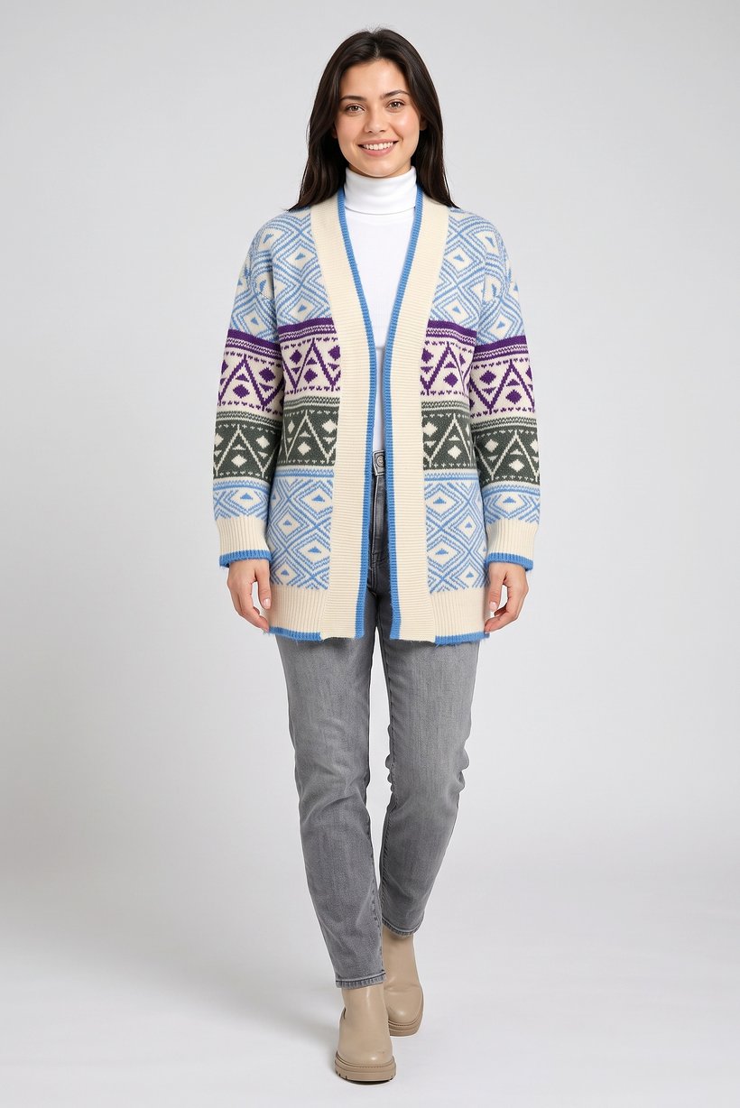 Women Split Neck Knitted Cardigan, Multicolor
