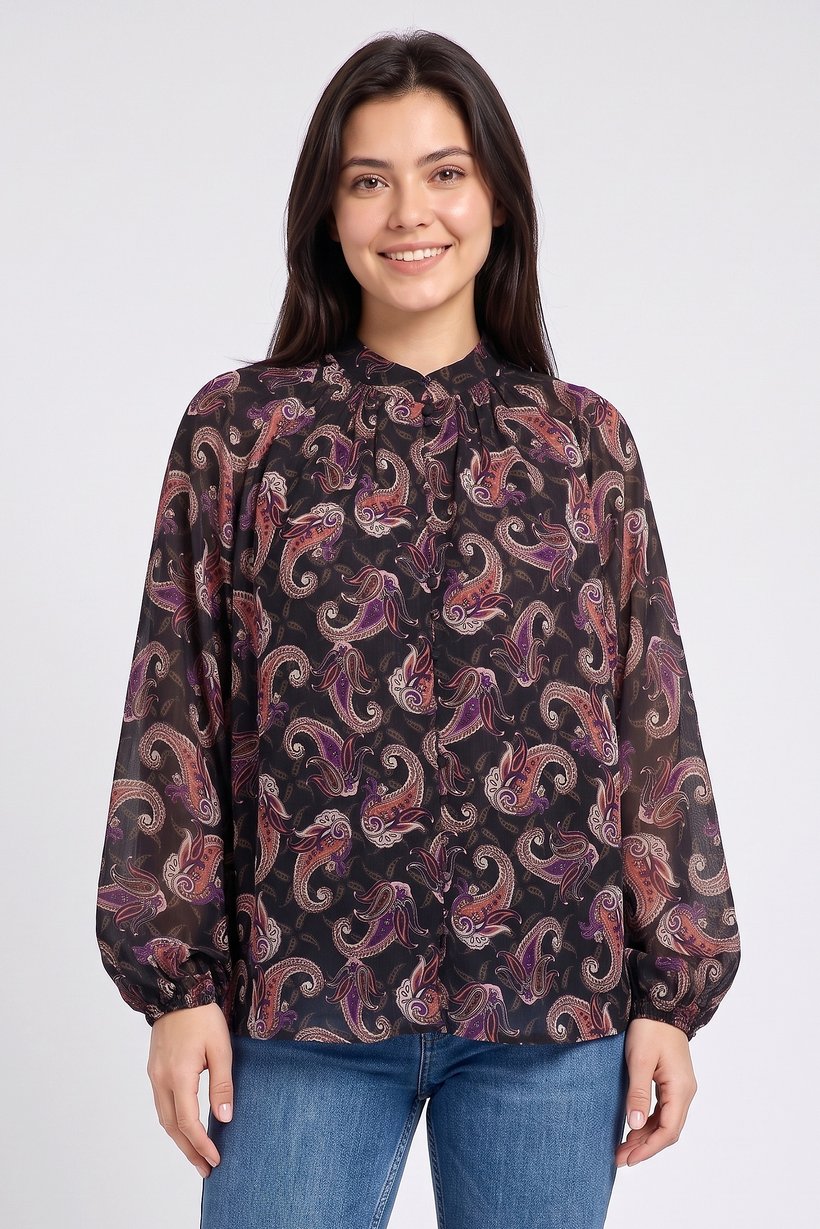 Women Round Neck Paisley Print Long Sleeve Blouse, Multicolor