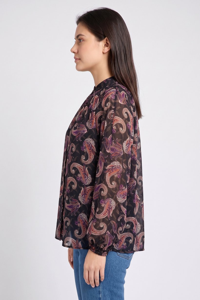 Women Round Neck Paisley Print Long Sleeve Blouse, Multicolor